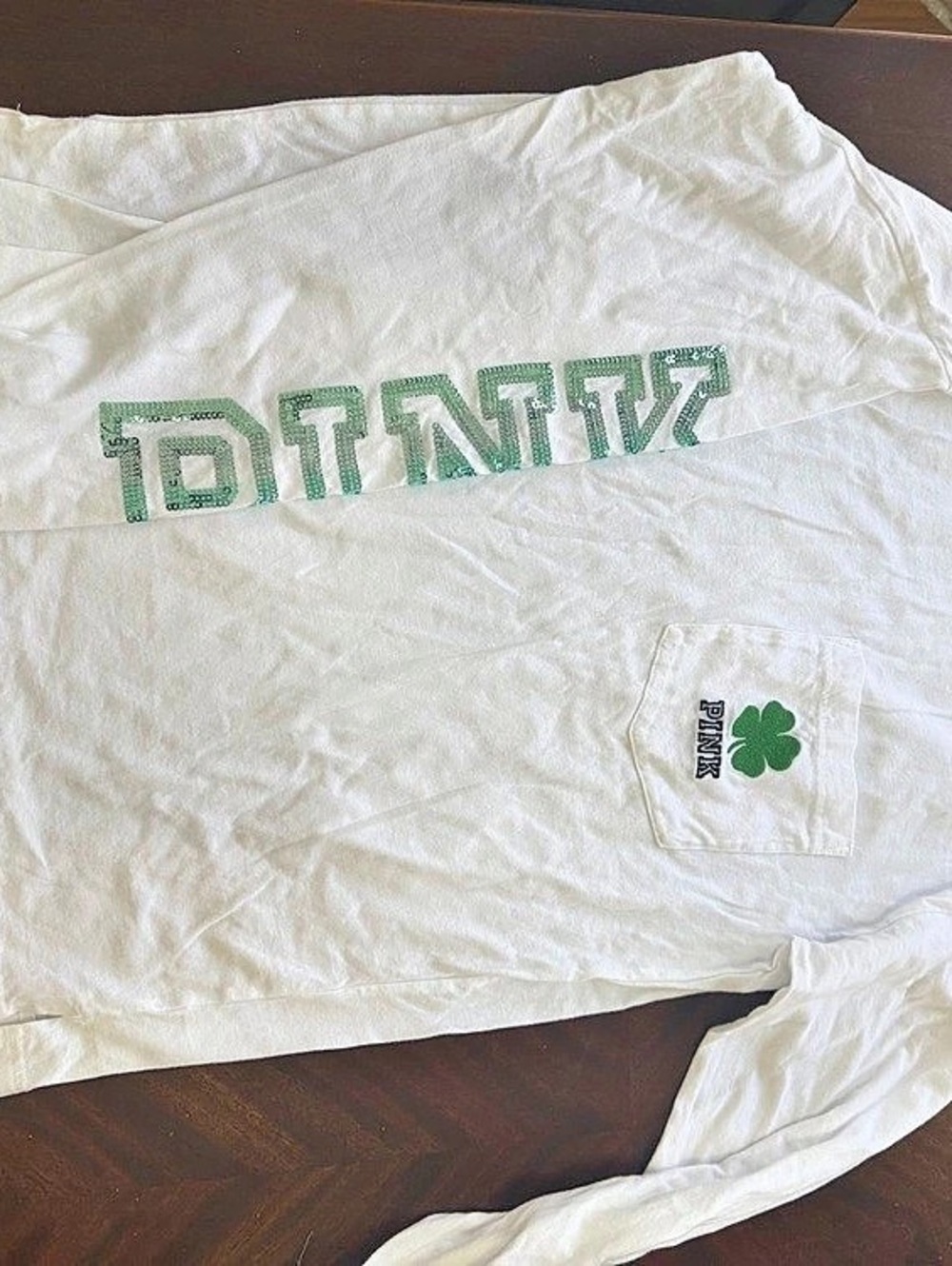 PINK Women's Graphic Tee Green Lettering Size Medium
